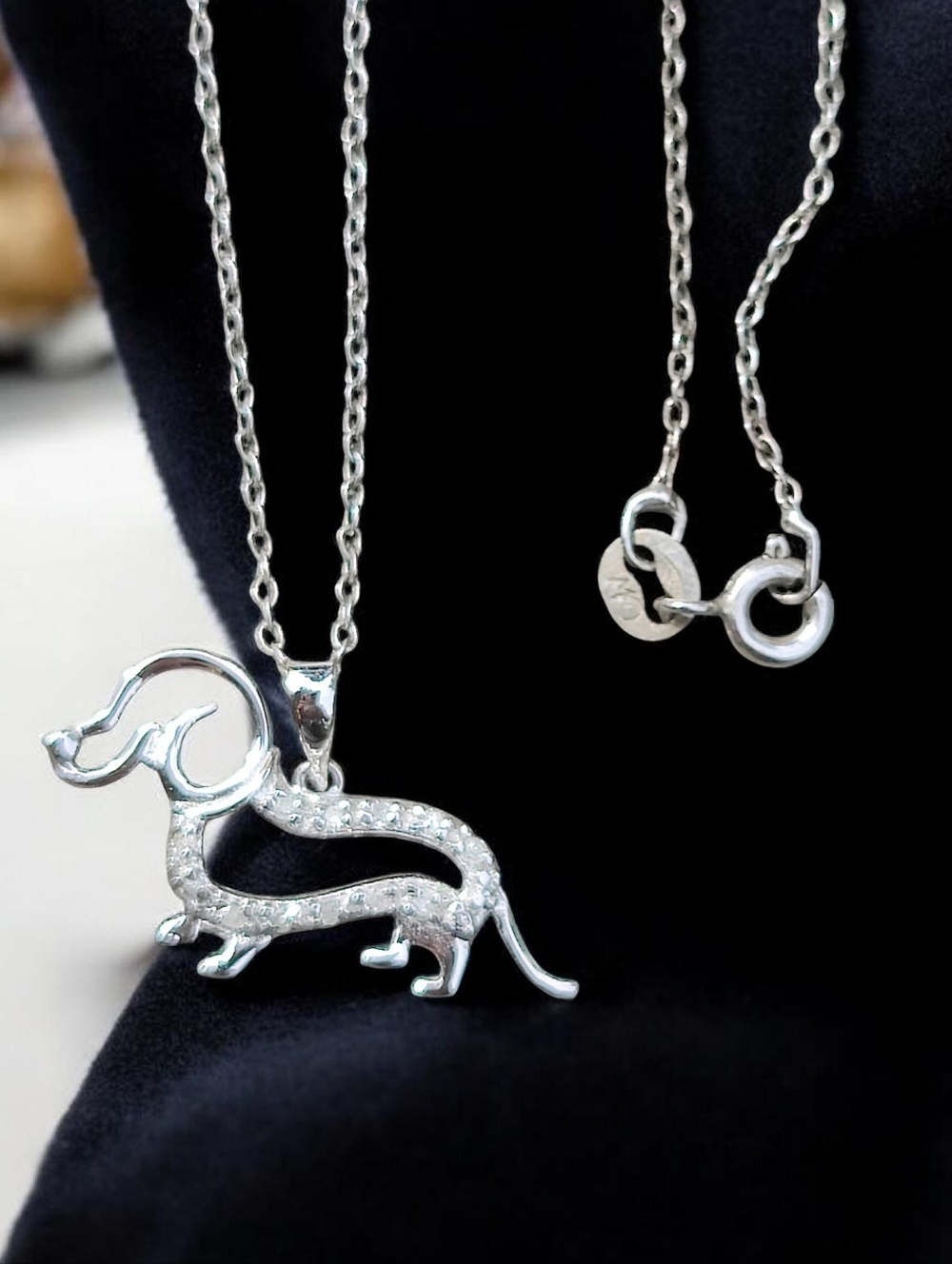 🐶 Vintage Sterling Diamond Dachshund Pendant Necklace